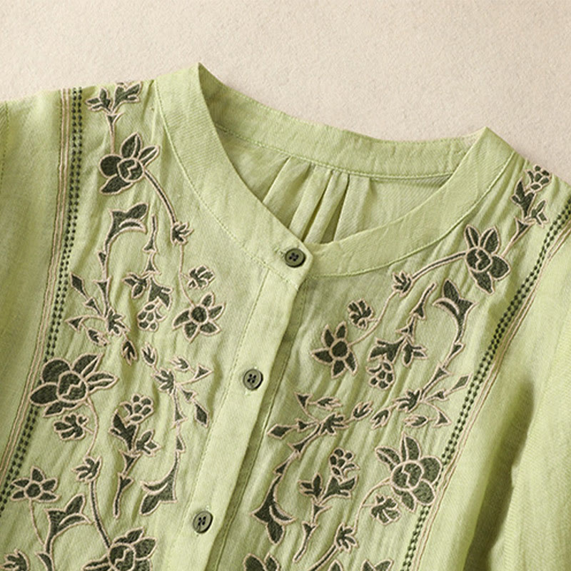 Breathable Cotton Linen Embroidered Three-Quarter Sleeve Meditation Shirt