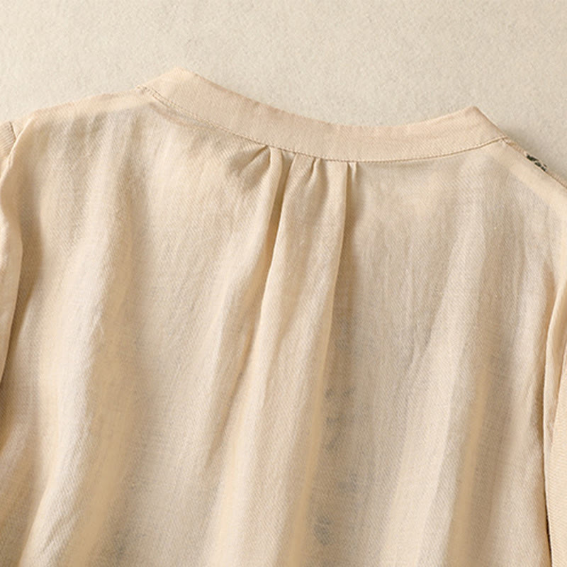 Breathable Cotton Linen Embroidered Three-Quarter Sleeve Meditation Shirt