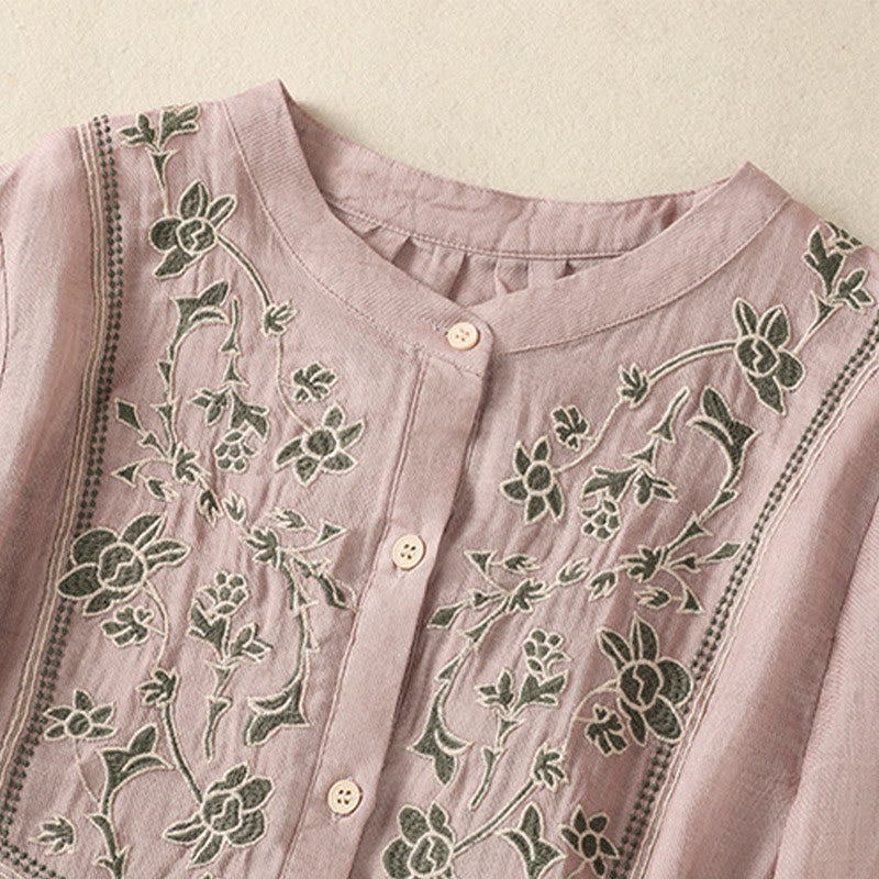 Breathable Cotton Linen Embroidered Three-Quarter Sleeve Meditation Shirt
