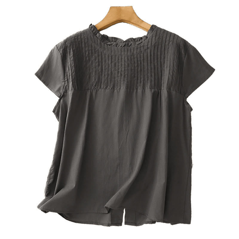 Summer Pure Color Ruffled Pleated Design Women's Cotton Short Sleeve Shirt