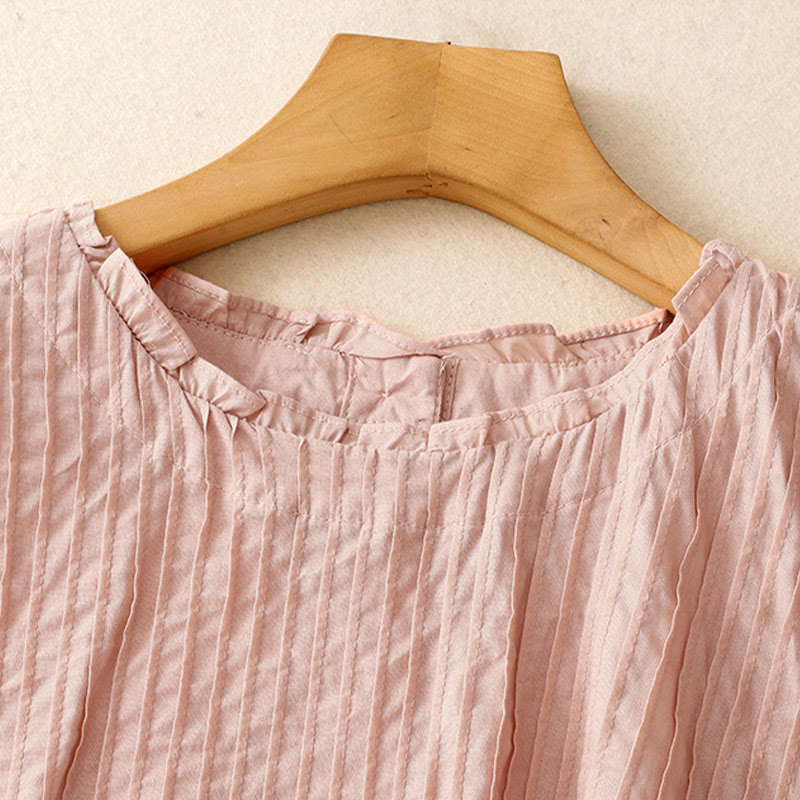 Summer Pure Color Ruffled Pleated Design Women's Cotton Short Sleeve Shirt