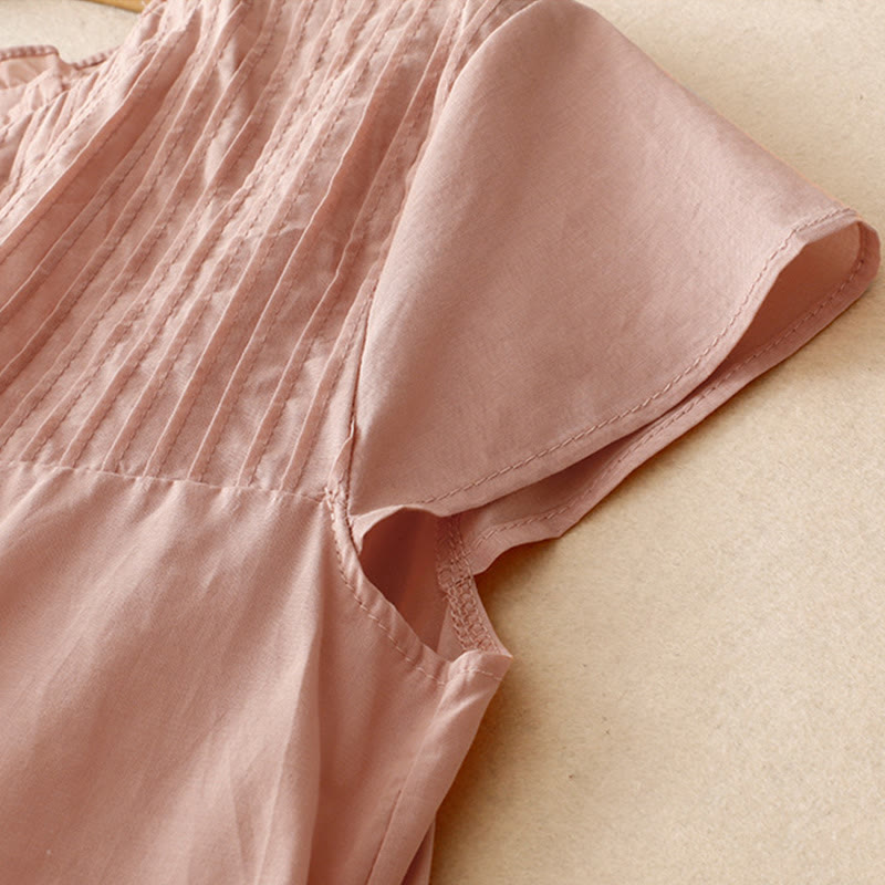 Summer Pure Color Ruffled Pleated Design Women's Cotton Short Sleeve Shirt