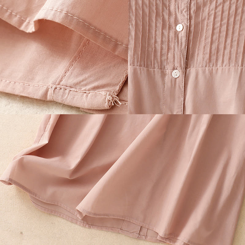 Summer Pure Color Ruffled Pleated Design Women's Cotton Short Sleeve Shirt