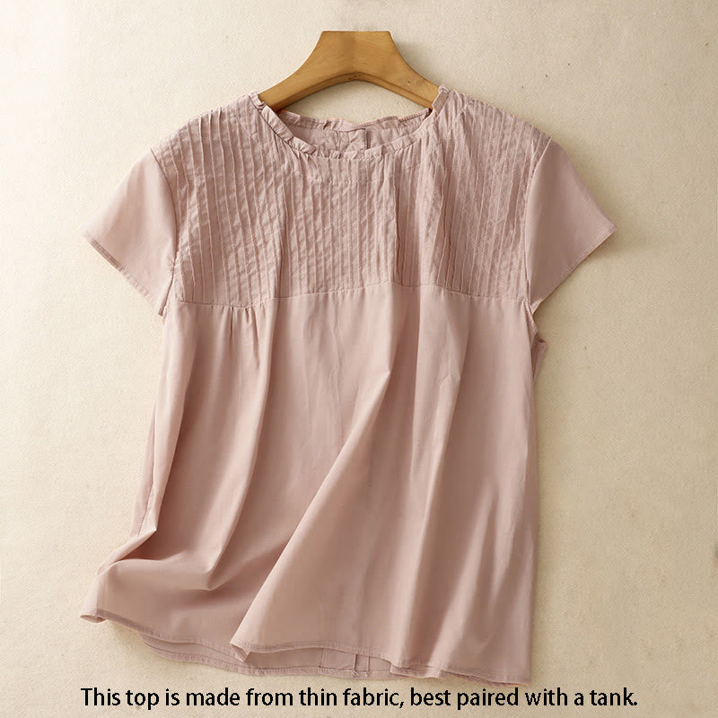 Summer Pure Color Ruffled Pleated Design Women's Cotton Short Sleeve Shirt