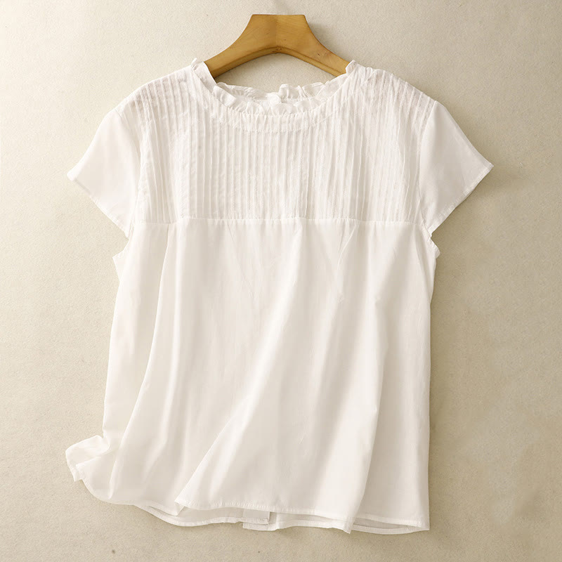 Summer Pure Color Ruffled Pleated Design Women's Cotton Short Sleeve Shirt