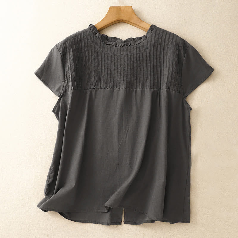 Summer Pure Color Ruffled Pleated Design Women's Cotton Short Sleeve Shirt