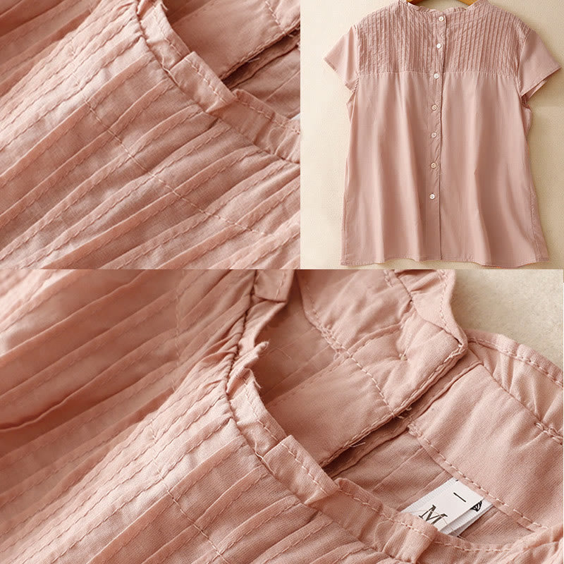 Summer Pure Color Ruffled Pleated Design Women's Cotton Short Sleeve Shirt