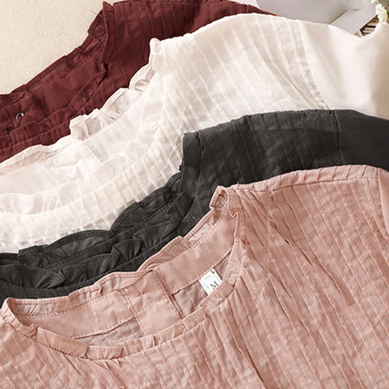 Summer Pure Color Ruffled Pleated Design Women's Cotton Short Sleeve Shirt