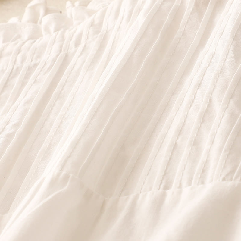 Summer Pure Color Ruffled Pleated Design Women's Cotton Short Sleeve Shirt