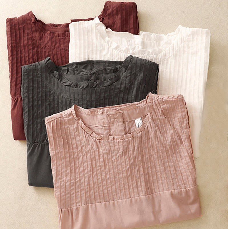 Summer Pure Color Ruffled Pleated Design Women's Cotton Short Sleeve Shirt
