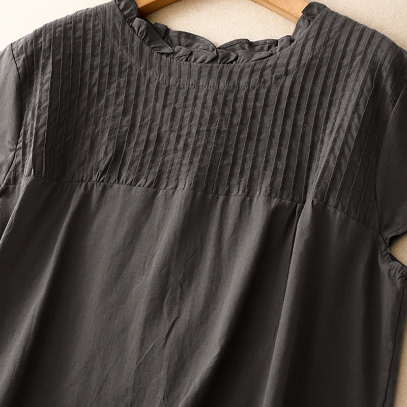 Summer Pure Color Ruffled Pleated Design Women's Cotton Short Sleeve Shirt