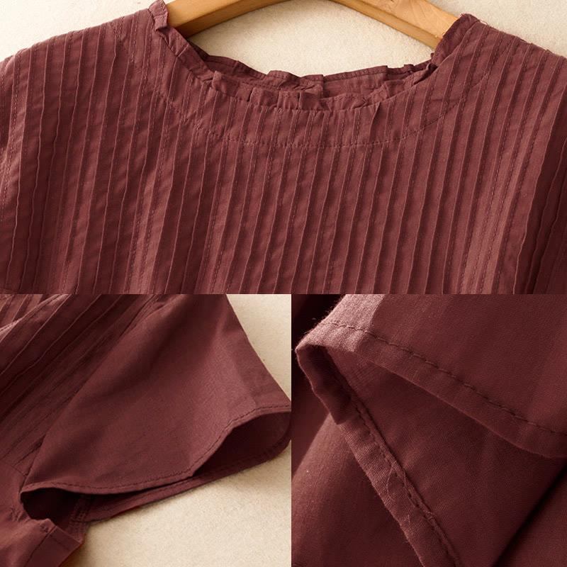 Summer Pure Color Ruffled Pleated Design Women's Cotton Short Sleeve Shirt
