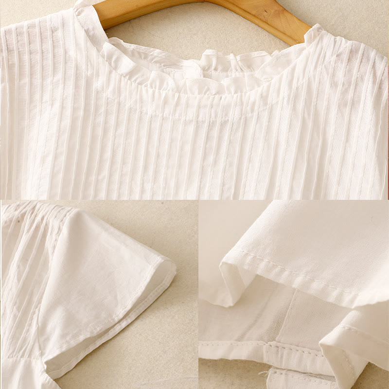 Summer Pure Color Ruffled Pleated Design Women's Cotton Short Sleeve Shirt
