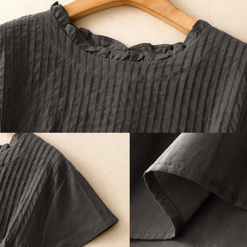 Summer Pure Color Ruffled Pleated Design Women's Cotton Short Sleeve Shirt