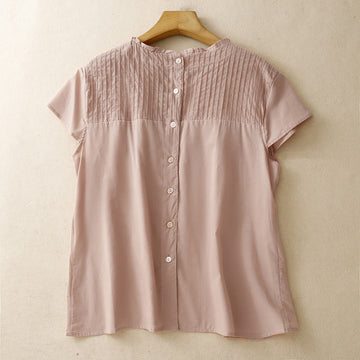 Summer Pure Color Ruffled Pleated Design Women's Cotton Short Sleeve Shirt