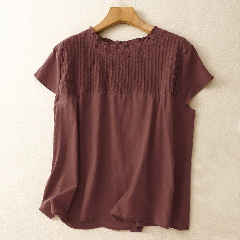 Summer Pure Color Ruffled Pleated Design Women's Cotton Short Sleeve Shirt