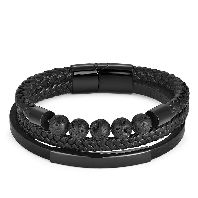 Titanium Steel and Lava Stone Braided Leather Men's Bracelet with Strengthen Buckle