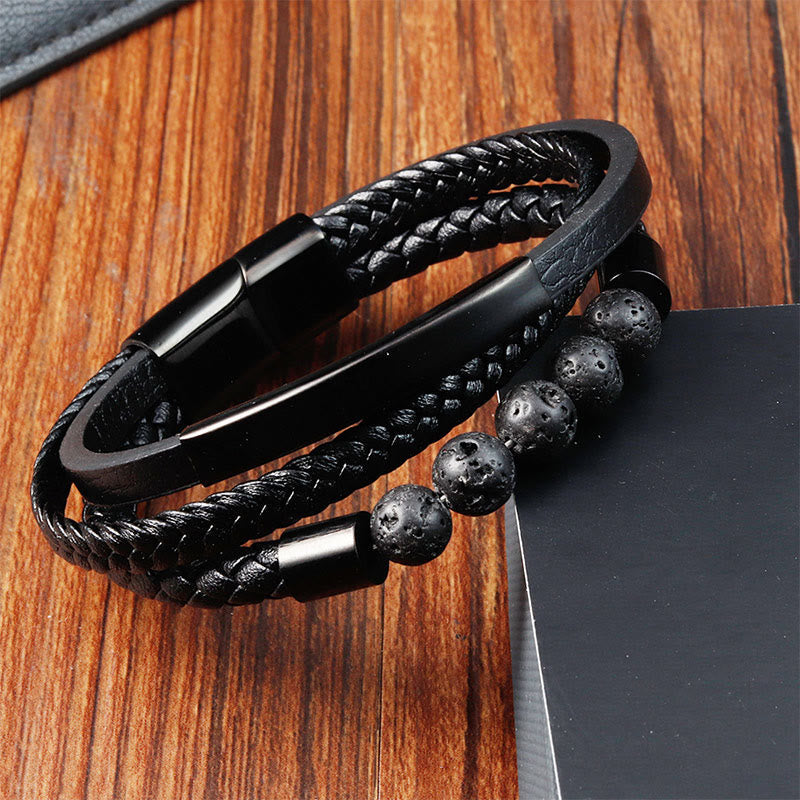 Titanium Steel and Lava Stone Braided Leather Men's Bracelet with Strengthen Buckle