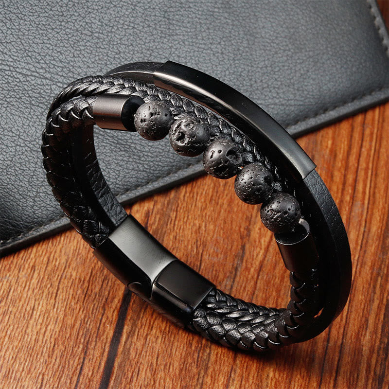 Titanium Steel and Lava Stone Braided Leather Men's Bracelet with Strengthen Buckle