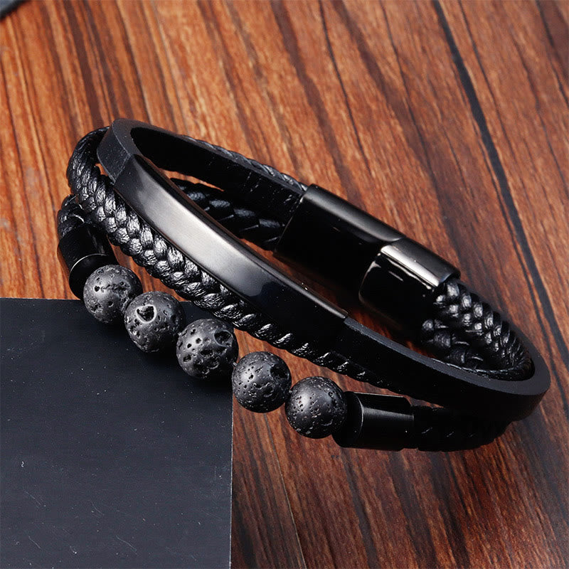 Titanium Steel and Lava Stone Braided Leather Men's Bracelet with Strengthen Buckle