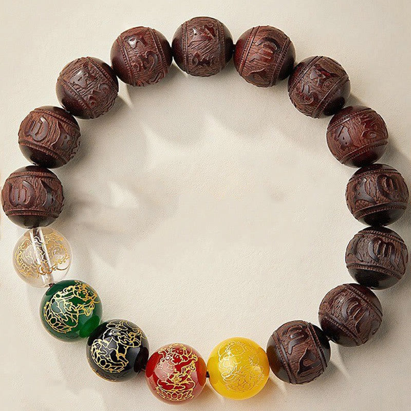 Red Sandalwood & Five Elements Agate Om Mani Padme Hum Beaded Bracelet