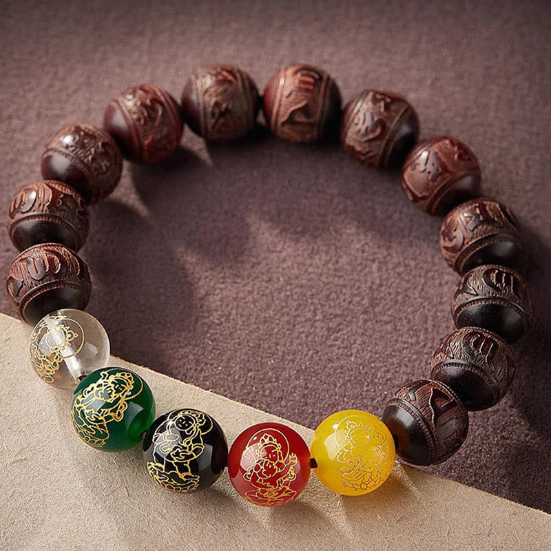 Red Sandalwood & Five Elements Agate Om Mani Padme Hum Beaded Bracelet
