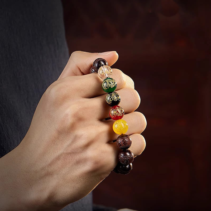 Red Sandalwood & Five Elements Agate Om Mani Padme Hum Beaded Bracelet