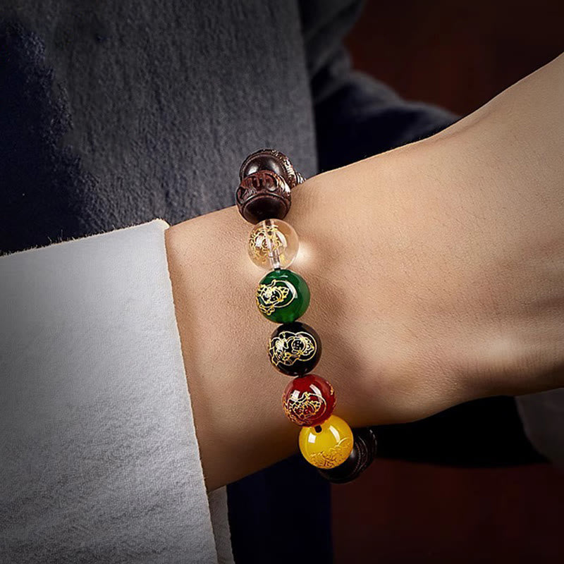 Red Sandalwood & Five Elements Agate Om Mani Padme Hum Beaded Bracelet