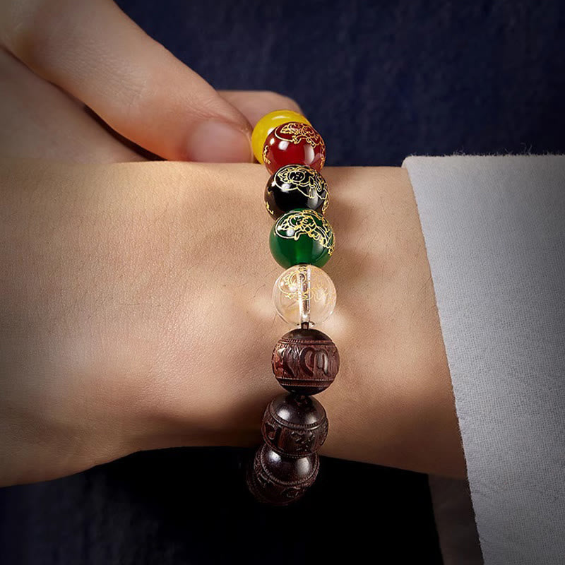 Red Sandalwood & Five Elements Agate Om Mani Padme Hum Beaded Bracelet