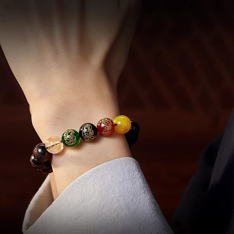Red Sandalwood & Five Elements Agate Om Mani Padme Hum Beaded Bracelet