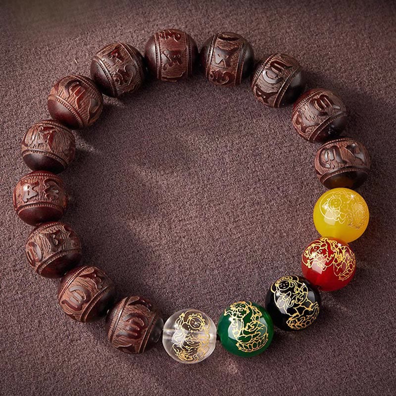 Red Sandalwood & Five Elements Agate Om Mani Padme Hum Beaded Bracelet