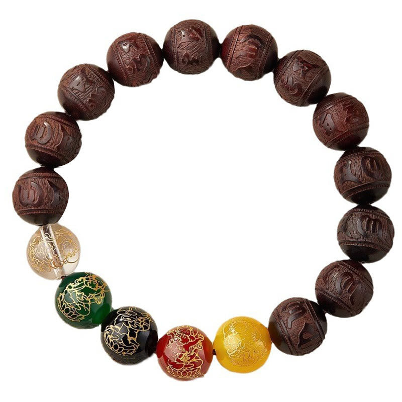 Red Sandalwood & Five Elements Agate Om Mani Padme Hum Beaded Bracelet