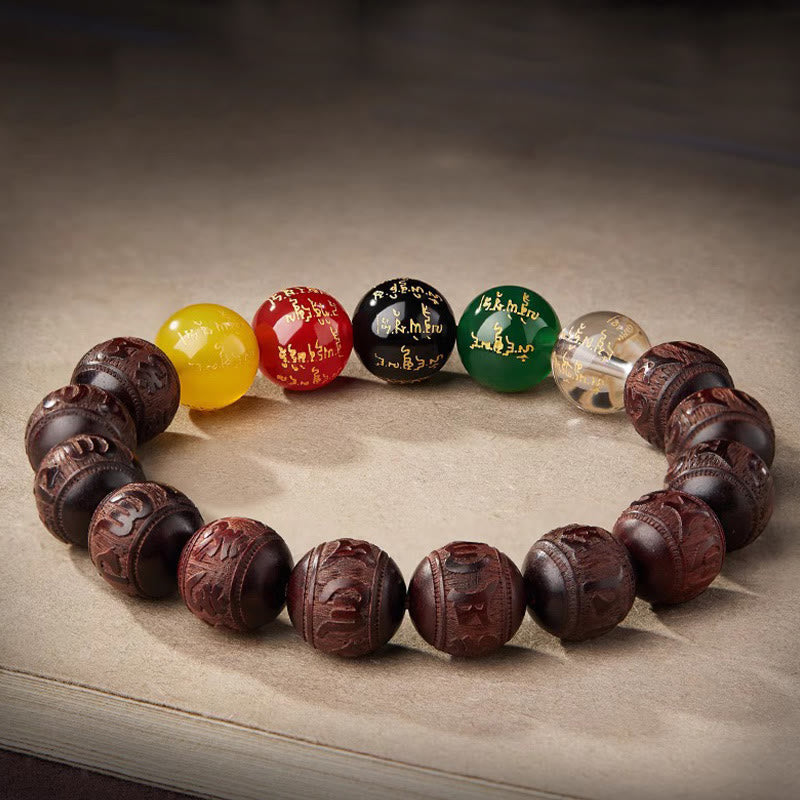 Red Sandalwood & Five Elements Agate Om Mani Padme Hum Beaded Bracelet