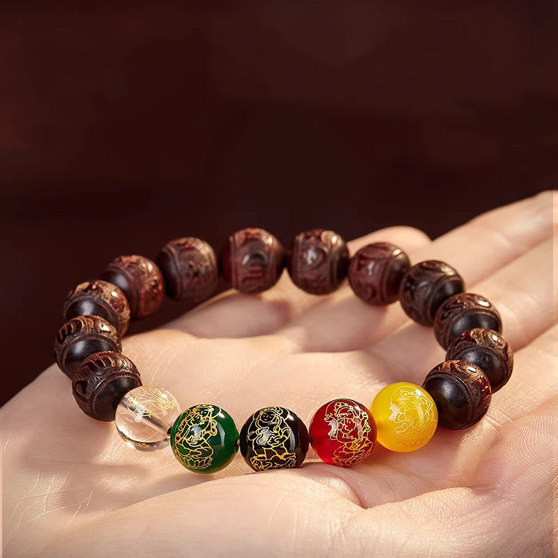 Red Sandalwood & Five Elements Agate Om Mani Padme Hum Beaded Bracelet