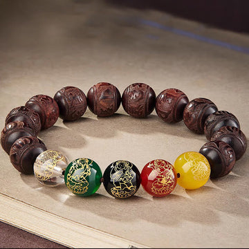Red Sandalwood & Five Elements Agate Om Mani Padme Hum Beaded Bracelet
