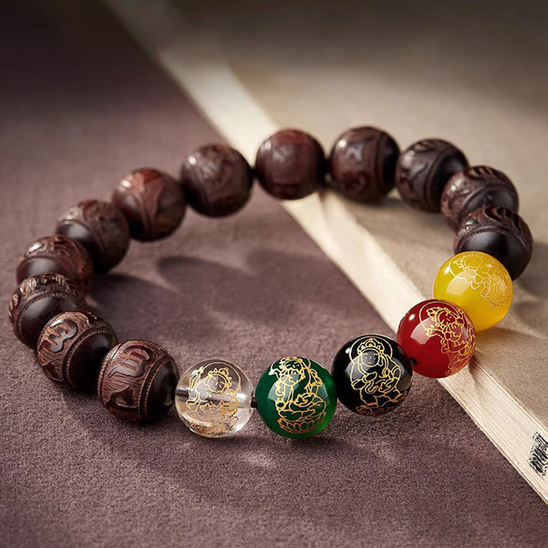 Red Sandalwood & Five Elements Agate Om Mani Padme Hum Beaded Bracelet