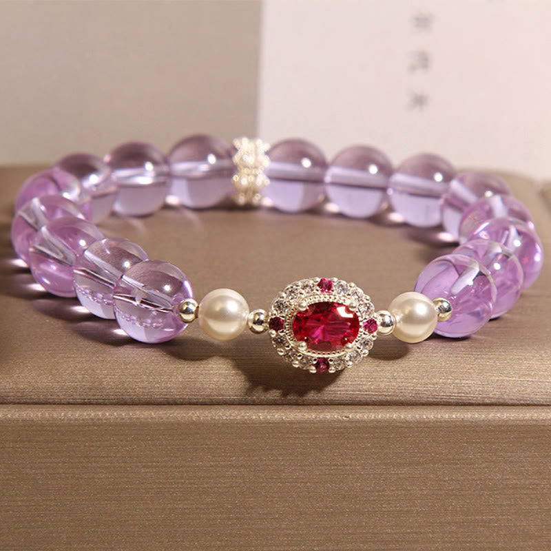 Natural Amethyst, Pearl & Red Zircon Beaded Balance Bracelet