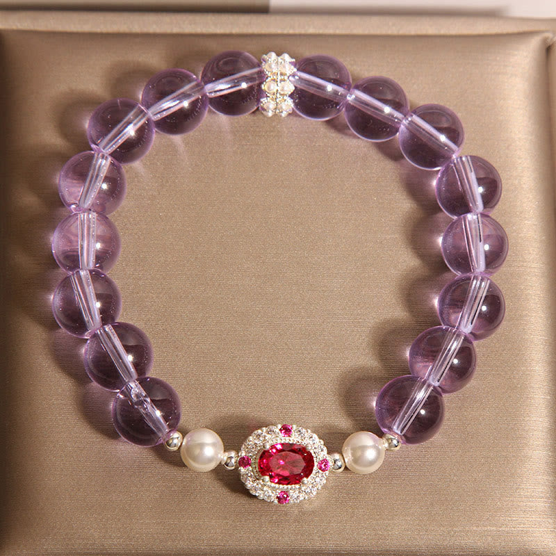 Natural Amethyst, Pearl & Red Zircon Beaded Balance Bracelet