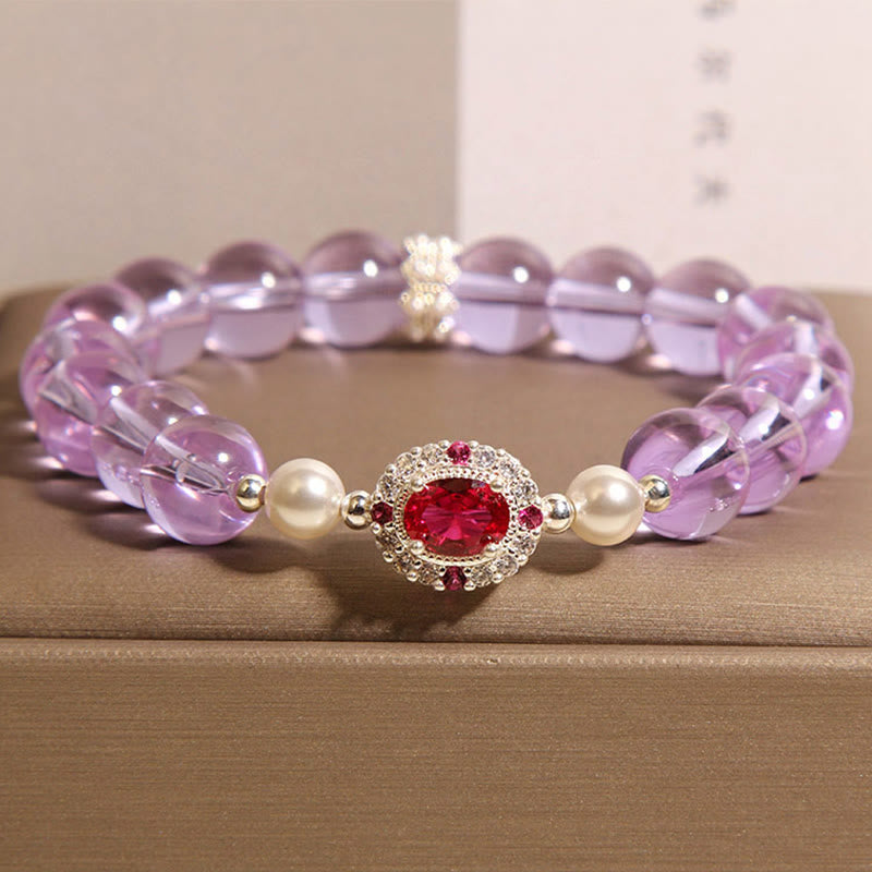 Natural Amethyst, Pearl & Red Zircon Beaded Balance Bracelet
