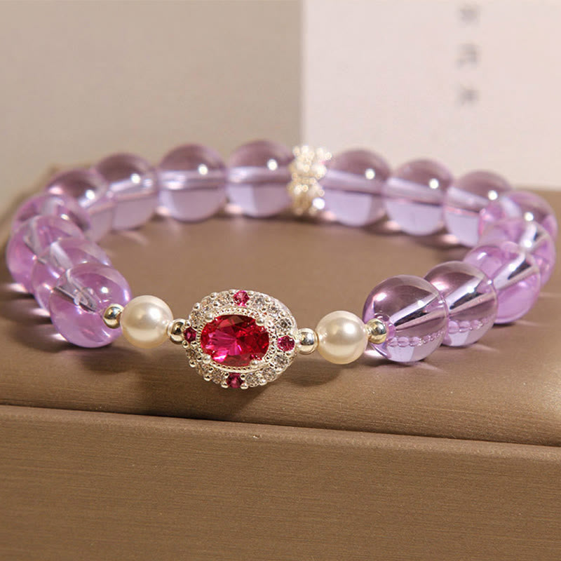 Natural Amethyst, Pearl & Red Zircon Beaded Balance Bracelet