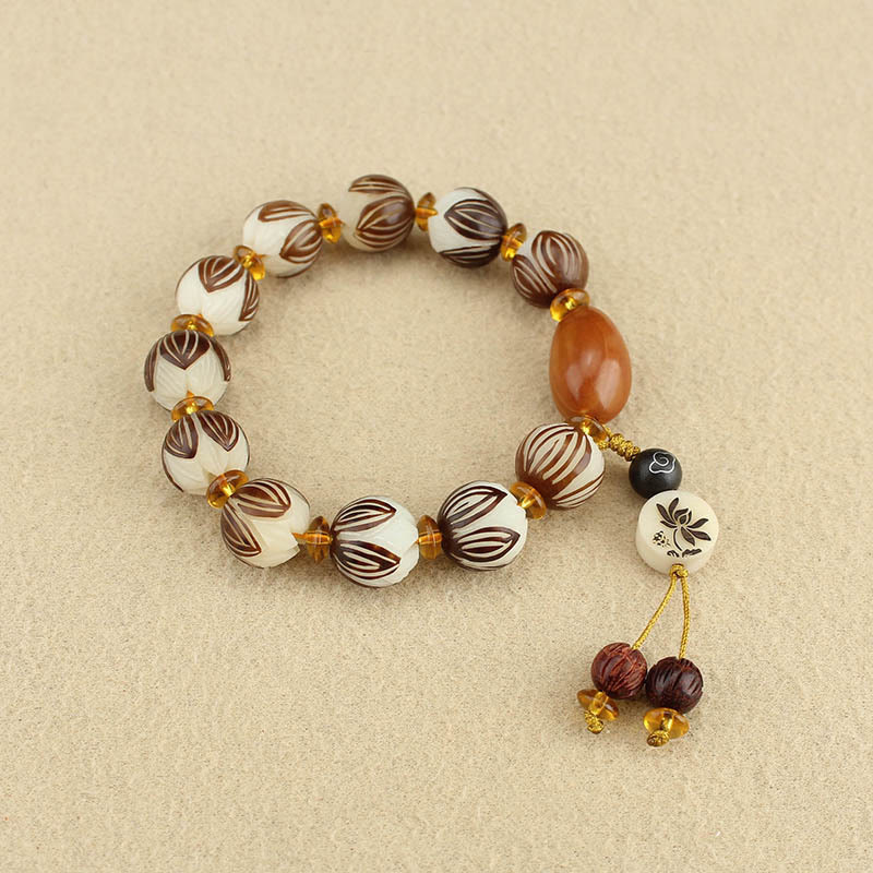 Tibetan Mala White Bodhi Seed & Olive Wood Lotus Meditation Bracelet