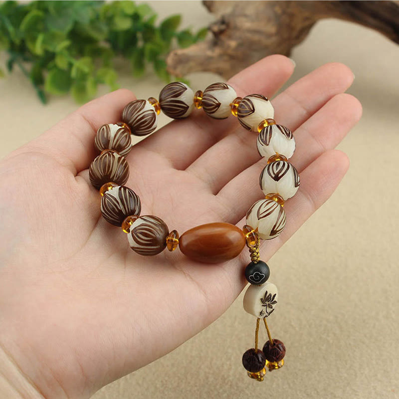 Tibetan Mala White Bodhi Seed & Olive Wood Lotus Meditation Bracelet