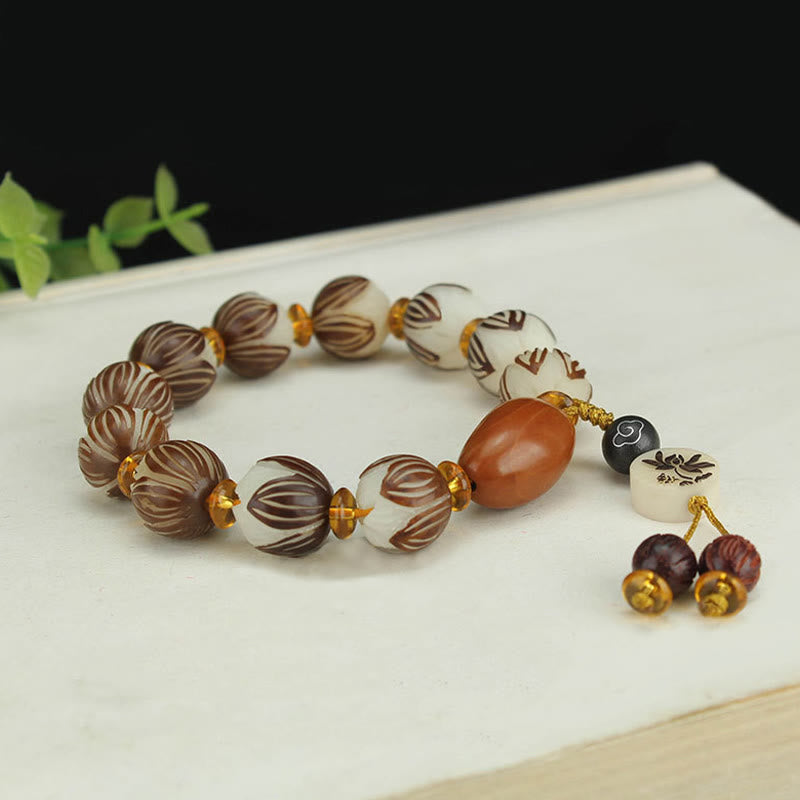 Tibetan Mala White Bodhi Seed & Olive Wood Lotus Meditation Bracelet