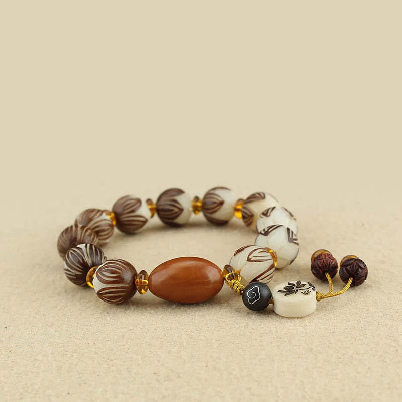 Tibetan Mala White Bodhi Seed & Olive Wood Lotus Meditation Bracelet