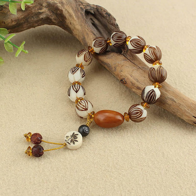 Tibetan Mala White Bodhi Seed & Olive Wood Lotus Meditation Bracelet