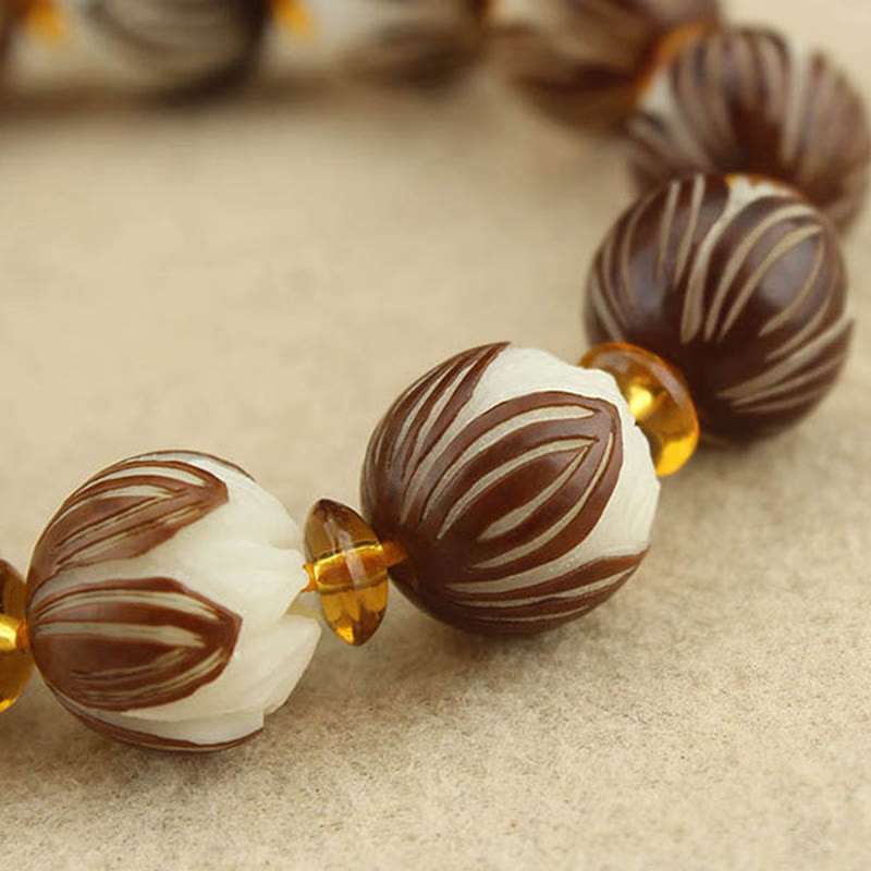 Tibetan Mala White Bodhi Seed & Olive Wood Lotus Meditation Bracelet