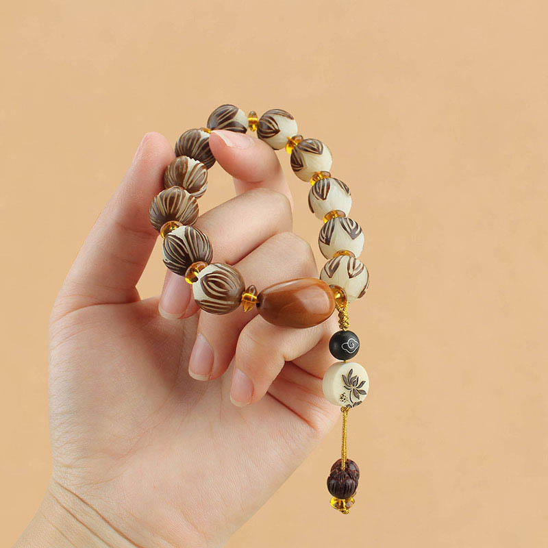 Tibetan Mala White Bodhi Seed & Olive Wood Lotus Meditation Bracelet