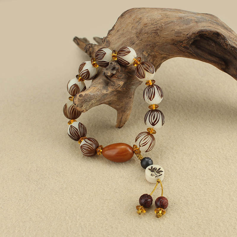 Tibetan Mala White Bodhi Seed & Olive Wood Lotus Meditation Bracelet
