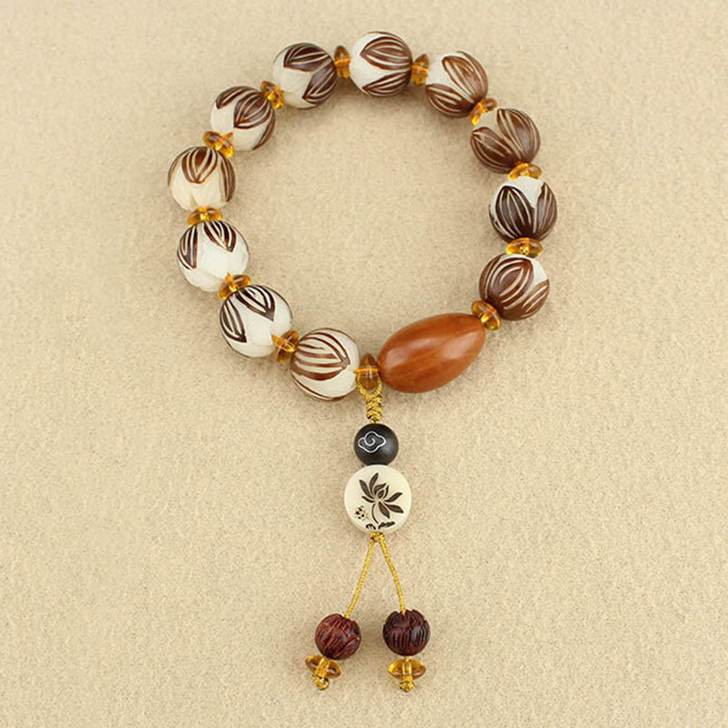 Tibetan Mala White Bodhi Seed & Olive Wood Lotus Meditation Bracelet