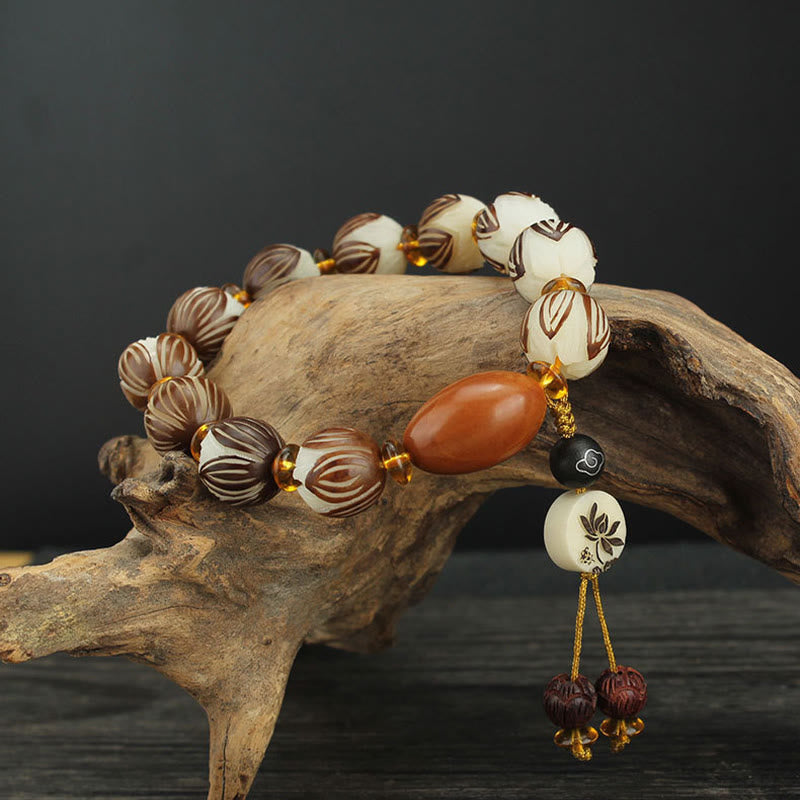 Tibetan Mala White Bodhi Seed & Olive Wood Lotus Meditation Bracelet